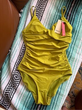 Popilush Chartreuse Green Ruched One-Piece Swimsuit